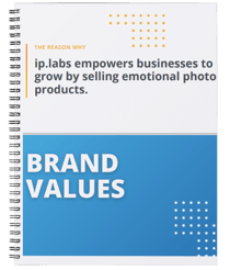 a small book tilted Brand Values showcasing an udpated brand guide of a photo products solution company called ip.labs